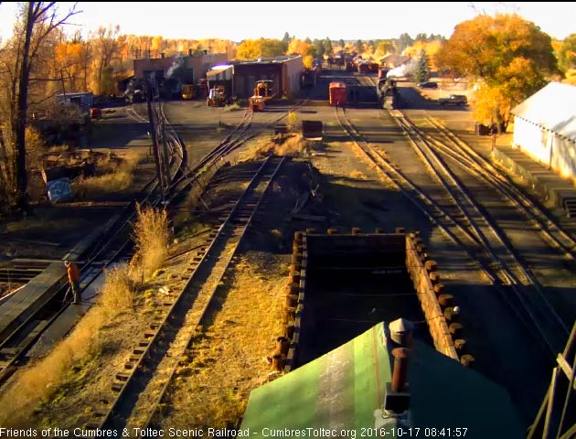 10.17.16 As 487 waits for the rest of the road crew, we have a late season picture of Chama, 489 at the east stall, 463 at the west and 487 on the main.jpg