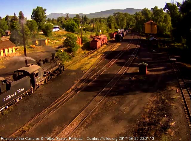 6-26-14 487 is at the coal dock as the bus to Antonito passes on 17.jpg