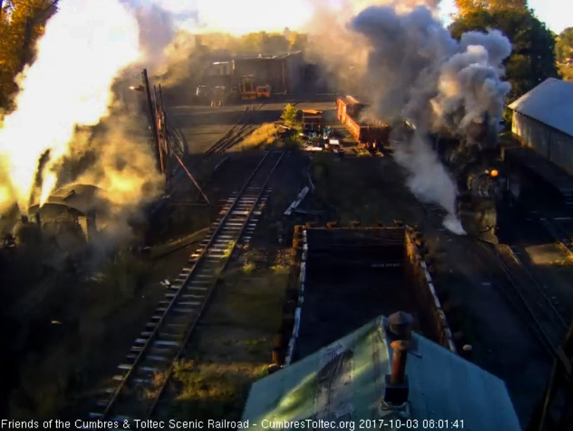 10-3-17  The 487 is underway with a cloud of steam and smoke while the 489 has come out to start its prep.jpg