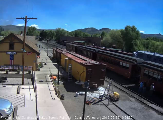 2018-05-23 The cut of coaches is now on the south yard track closest to the main as the cleaning crews go to work removing a winter's worth of grim.jpg