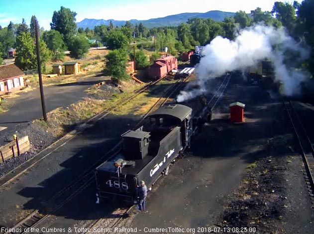 2018-07-13 Having gotten water and washed the coal on both sides, the 488 backs down to the switch at the lead to the coal dock.jpg