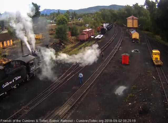 2018-09-02 One hostler is dumping a load of coal into the bunker as the other vents a steam line at the front of the 487.jpg