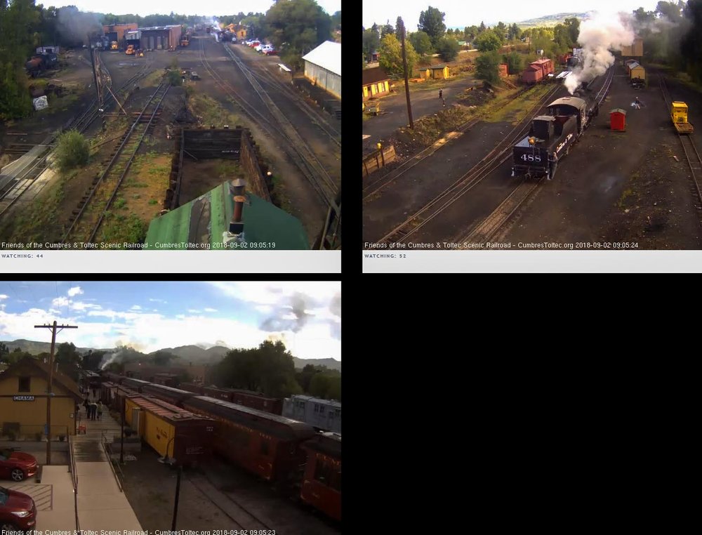 2018-09-02 The 488 is backing toward the coal dock as 487 couples the 2 extra coaches onto the train.jpg