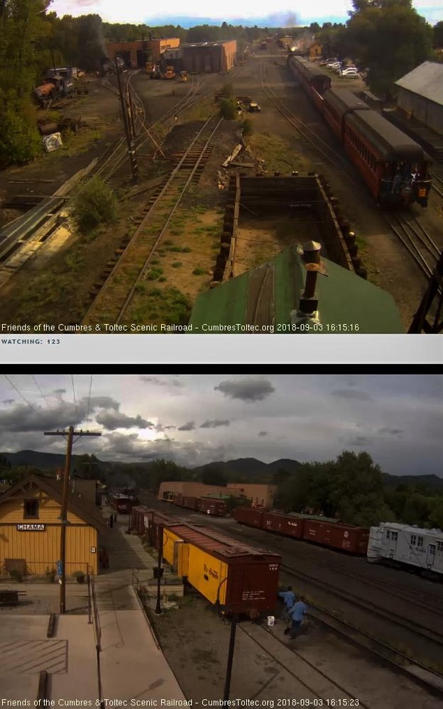 2018-09-03 The parlor Colorado is by the woodshop as the 487 passes the display train.jpg