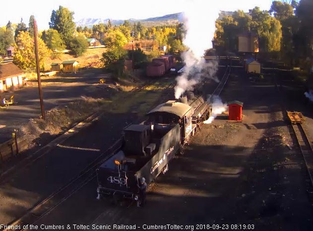 2018-09-23 The hostlers back the 489 toward the coal dock as 484 is just seen on the right headed to the tank.jpg