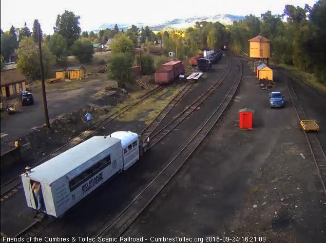 2018-09-24 The Goose 5 comes past the coal dock as 489 comes into Chama yard with its 8 car train.jpg