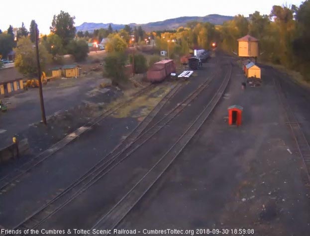 2018-09-27 Its twilight and the 463 comes into Chama yard with the freight from Antonito.jpg