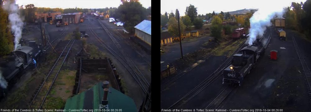 2018-10-03 The 489 backs down toward the coal dock lead as looks like one of the road crew is assisting this morning with hostling on 484.jpg