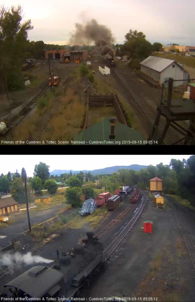 2019.09.15 463 puts on a nice smoke show as it does switching while 489 waits to back onto the train as helper to Cumbres (1 of 1).jpg