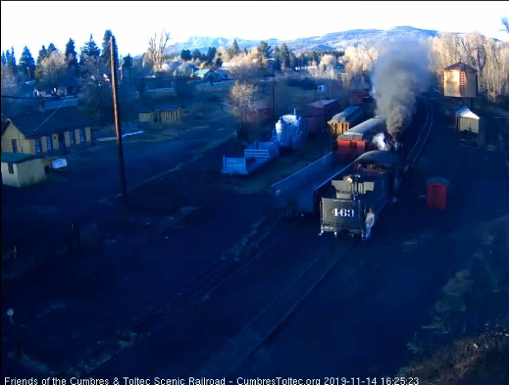 2019.11.14 With its train yarded, 463 backs down toward the depot so the road crew can get off (1 of 1).jpg